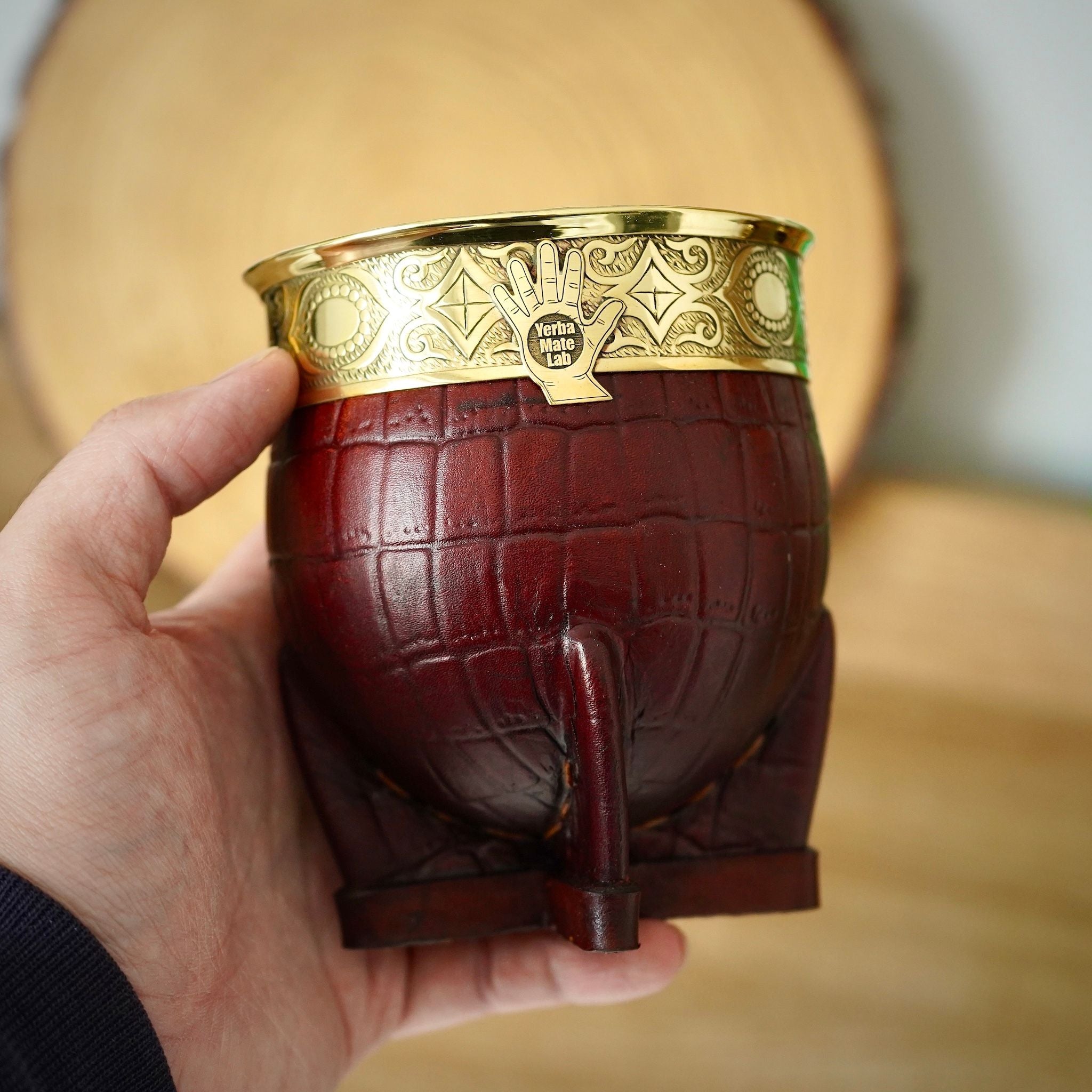 "CÁLIZ" Imperial Mate Gourd - Chiseled Bronze Rim & Croc Leather